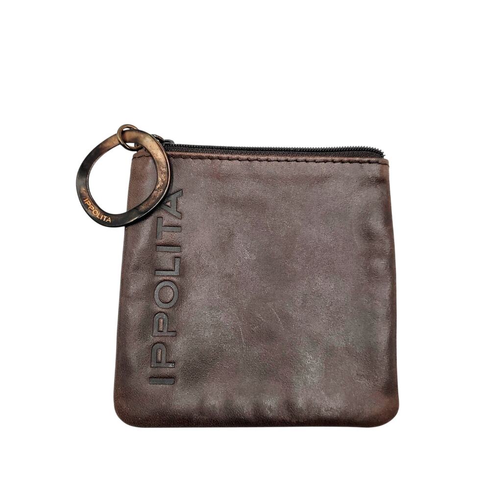 Ippolita Chocolate Brown Leather Zip Closure Mini Coin Pouch with Key Chain Ring